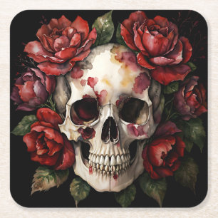 Dessous De Verre Carré Crâne aux roses rouges