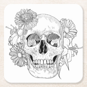 Dessous De Verre Carré Crâne et fleurs inspirés