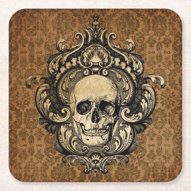 Dessous De Verre Carré Crâne gothique victorien Damas Halloween (Devant)
