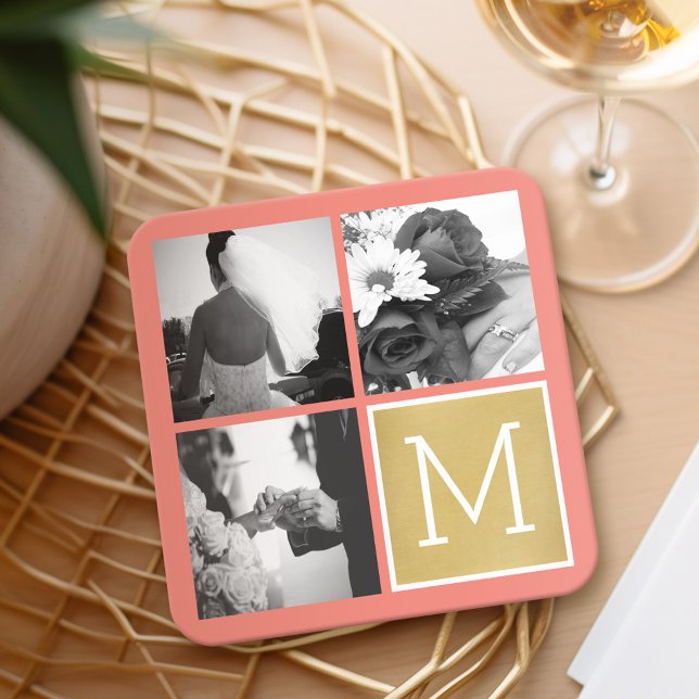 Dessous De Verre Carré Créez Votre Propre Monogramme de Collage de Photos (Wedding and Anniversary Coasters - Personalize with a photo collage)