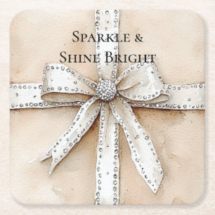 Dessous De Verre Carré Crème Blanc Argent Glitzy Glam Bow anniversaire