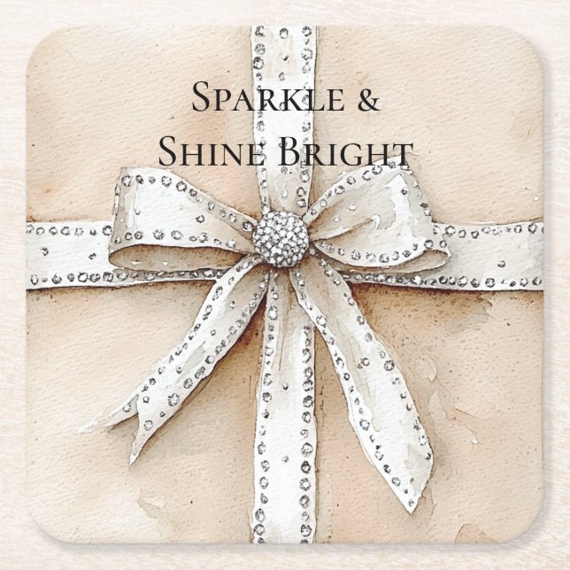 Dessous De Verre Carré Crème Blanc Argent Glitzy Glam Bow anniversaire (Devant)