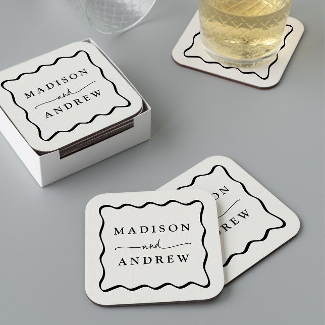 Dessous De Verre Carré Crème moderne et Mariage de cadre noir vague (Créateur téléchargé)
