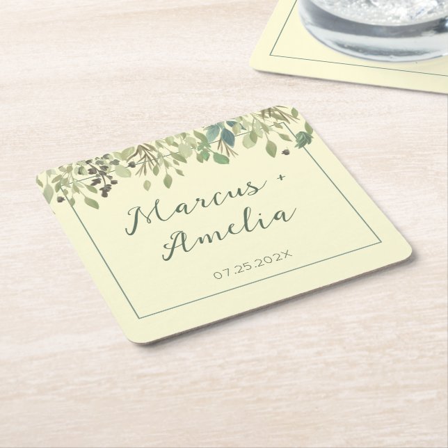 Dessous De Verre Carré Crème moderne et Mariage Eucalyptus (Incliné)