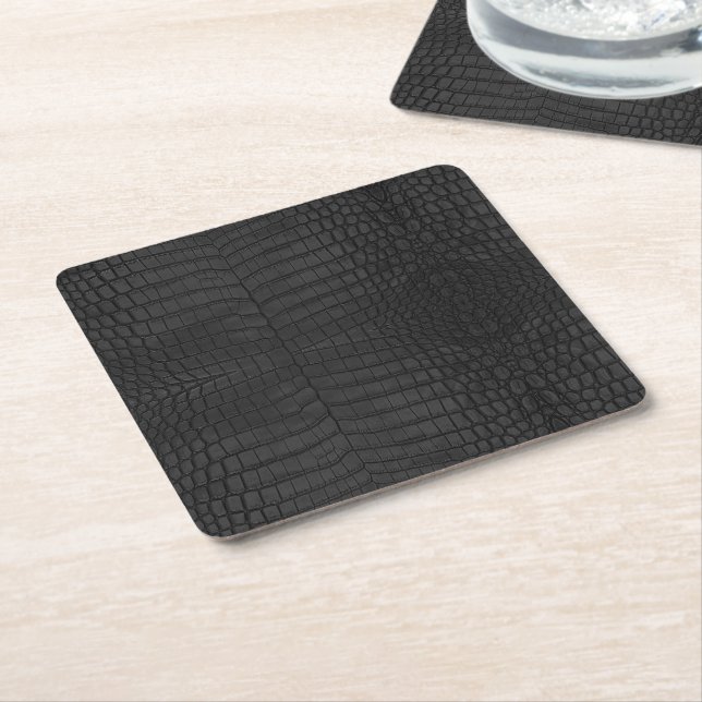 Dessous De Verre Carré Crocodile noir en cuir imprimé (Incliné)