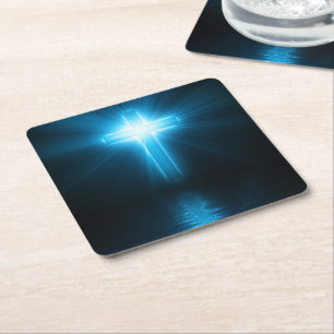 Dessous De Verre Carré Croix chrétienne dans la lumière bleue