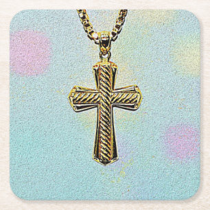 Dessous De Verre Carré Croix et chaîne fleuries d'or