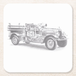 Dessous De Verre Carré croquis au crayon de vieux camion de pompiers dess