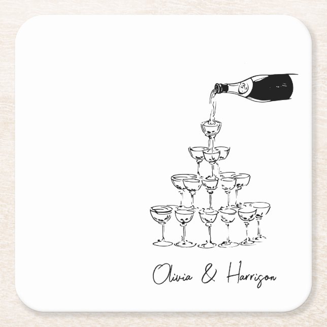 Dessous De Verre Carré Croquis Tour Champagne Nom personnalisé Mariage (Devant)