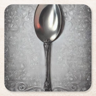 Dessous De Verre Carré Cuillère vintage peinte en argent