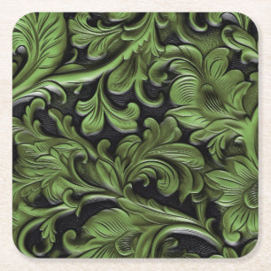 Dessous De Verre Carré Cuir en faux noir vert embouti