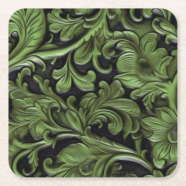 Dessous De Verre Carré Cuir en faux noir vert embouti (Devant)