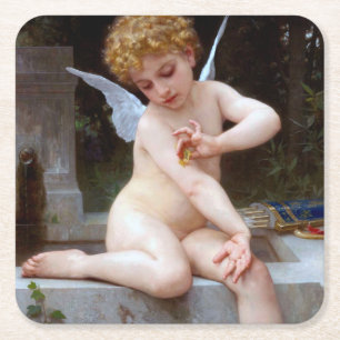 Dessous De Verre Carré Cupidé avec un papillon, Bouguereau