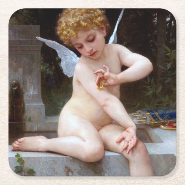 Dessous De Verre Carré Cupidé avec un papillon, Bouguereau (Devant)