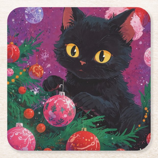 Dessous De Verre Carré Cute Black Kitten and Christmas Tree (Devant)
