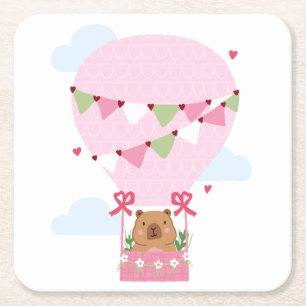 Dessous De Verre Carré Cute Capybara Montgolfière Rose Fête d'anniversair