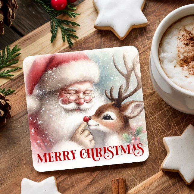 Dessous De Verre Carré Cute Cartoon Christmas Coasters Santa and Rudolph (Cute Cartoon Christmas Coasters Santa and Rudolph)