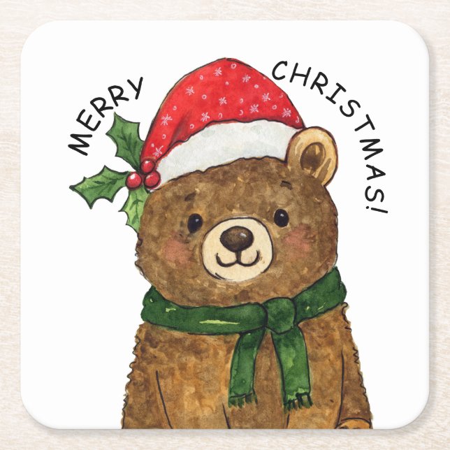 Dessous De Verre Carré Cute christmas bear with santa hat (Devant)