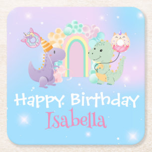 Dessous De Verre Carré Cute Dinosaur Unicorn Rainbow ballon Anniversaire