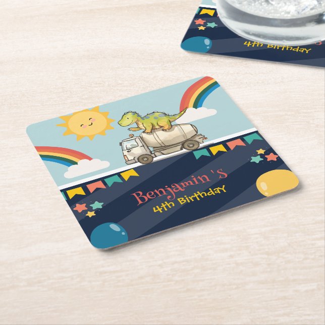 Dessous De Verre Carré Cute dinosaure camion ciment Rainbow School Annive (Incliné)