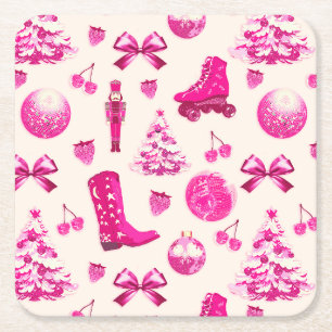 Dessous De Verre Carré Cute Girly Preppy Motif de Noël rose