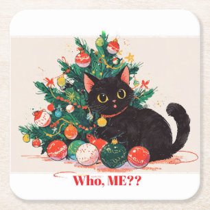 Dessous De Verre Carré Cute Kitten noir à l'air coupable - Noël
