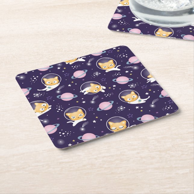 Dessous De Verre Carré Cute Kitty Chat Astronauts Motif (Incliné)