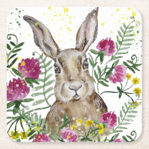 Dessous De Verre Carré Cute lapin en fleurs d'aquarelle