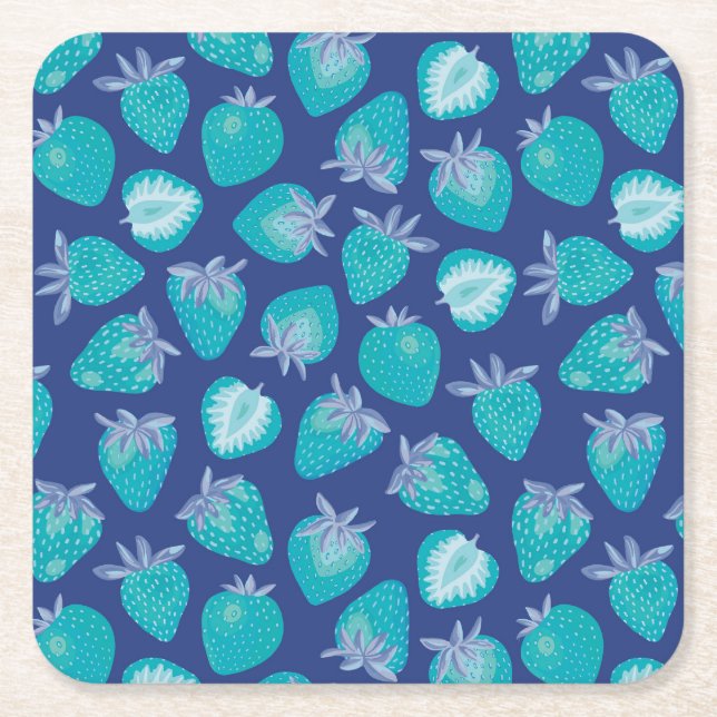 Dessous De Verre Carré Cute motif de fraise bleu (Devant)