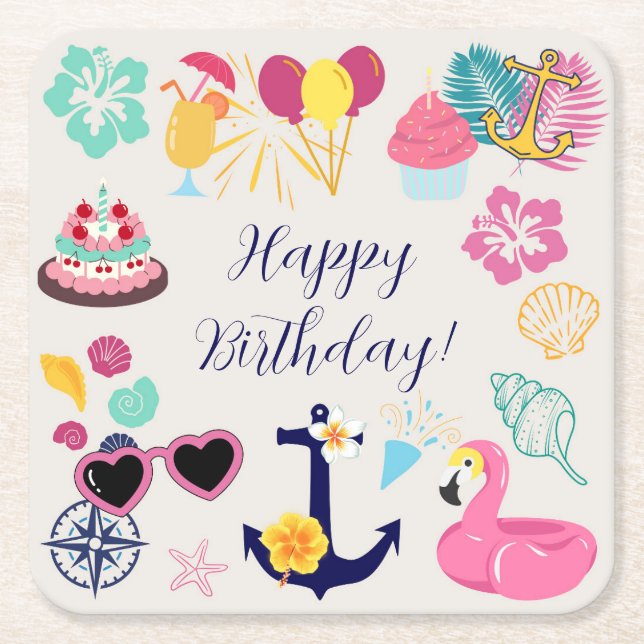 Dessous De Verre Carré Cute Nautical Birthday (Devant)