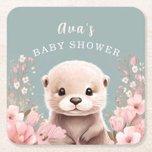 Cute Otter Girl Baby shower Sage & Rose Floral