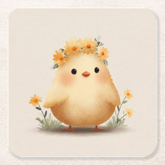 Dessous De Verre Carré Cute Spring Chick Coaster | Floral Baby Chick Art