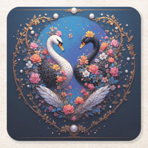 Dessous De Verre Carré Cygnes de mariage encadrés d'or et de fleurs