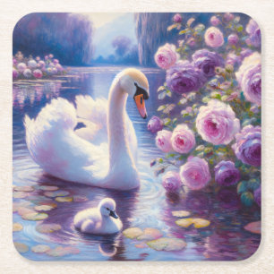 Dessous De Verre Carré Cygnet blanc avec Roses violets