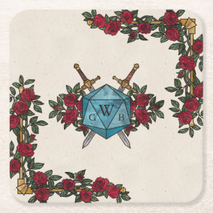 Dessous De Verre Carré D20 Roses Monogramme RPG Mariage