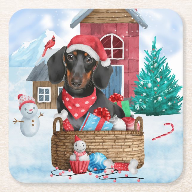 Dessous De Verre Carré Dachshund Chien dans la neige Maison de Chien de N (Devant)