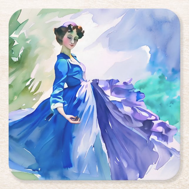 Dessous De Verre Carré Dame en Robe Bleue - Peinture aquarelle (Devant)