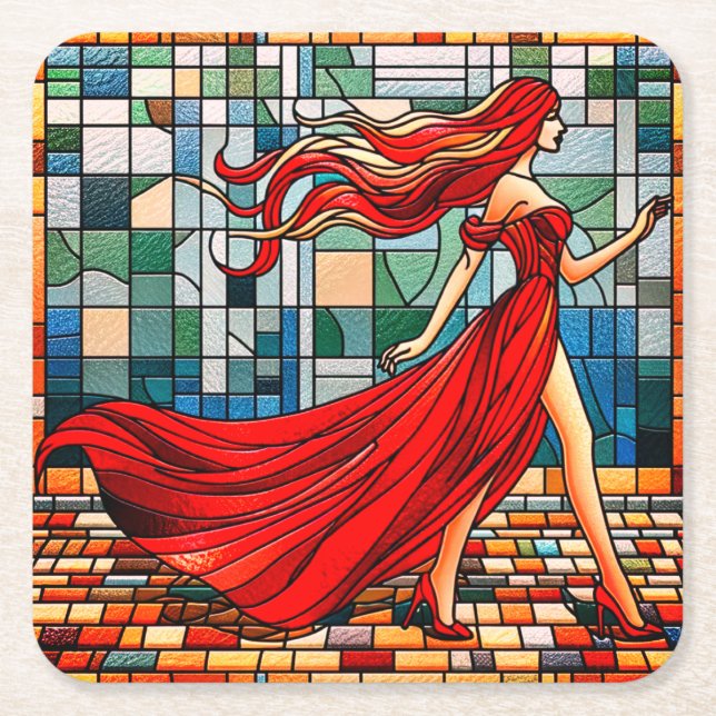 Dessous De Verre Carré Dame en rouge (Devant)