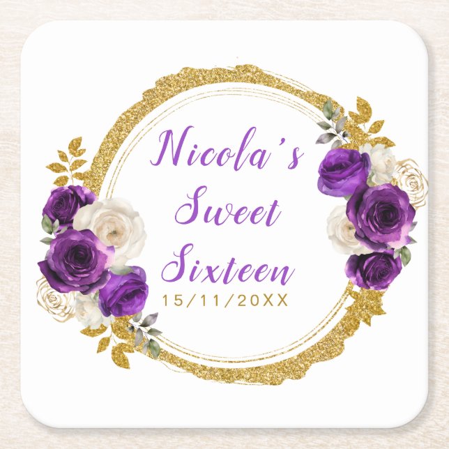 Dessous De Verre Carré Dark Purple and Gold Elegant Flower Sweet Sixteen (Devant)