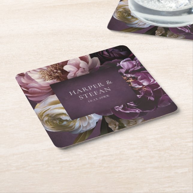 Dessous De Verre Carré Dark Purple Fine Art Floral Elegant Wedding (Incliné)