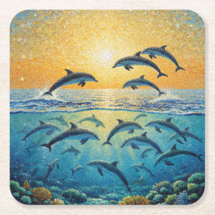 Dessous De Verre Carré Dauphins au coucher du soleil