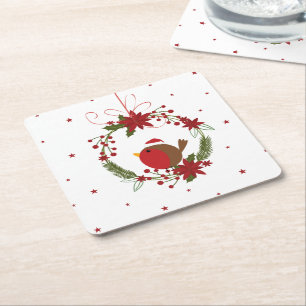 Dessous De Verre Carré Décor de la couronne de Noël du mignon robin