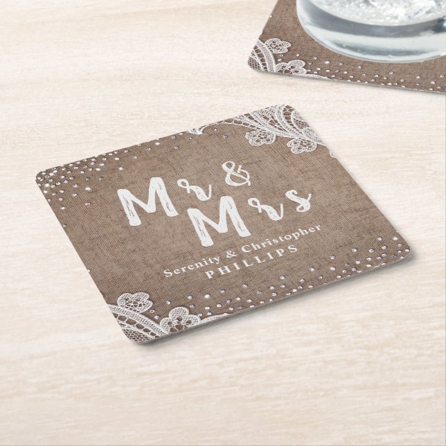 Dessous De Verre Carré Dentelle de jute pailletée argentée Mr & Mrs maria (Incliné)