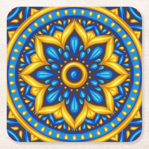 Dessous De Verre Carré Design mexicain bleu et jaune