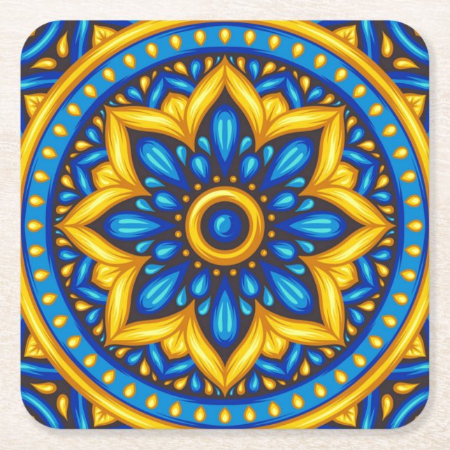 Dessous De Verre Carré Design mexicain bleu et jaune (Devant)
