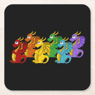Dessous De Verre Carré Dessin animé de dragons arc-en-ciel colorés 