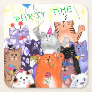 Dessous De Verre Carré Dessin de fête de chats heureux - de mignons chat