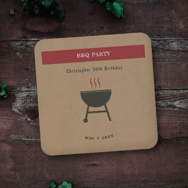 Dessous De Verre Carré Dessous de verre d'anniversaire Kraft & Rustic BBQ (Kraft & Rustic BBQ Party Coaster)