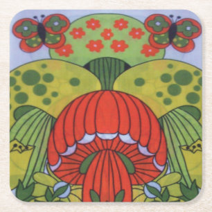 Dessous De Verre Carré Dessous de verre en papier de champignons et papil