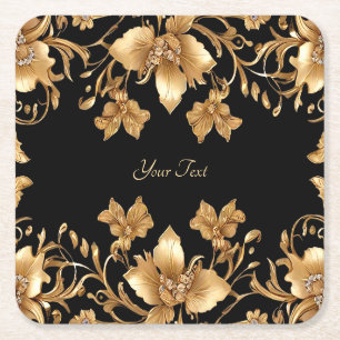 Dessous De Verre Carré Dessous de verre en papier floral orné noir or